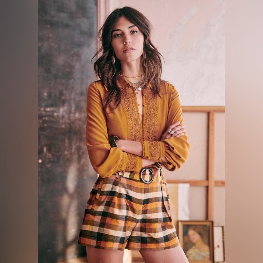 Sézane Romeo Shorts - Ochre Squares (NWT, FR 36 / US 4)